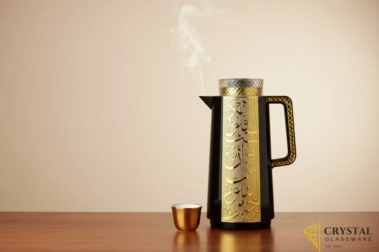 Luxury thermal flask in black with gold /silver intricate Arabic calligraphy